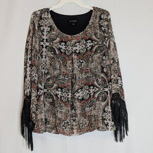 I.N. STUDIO Beige/Red/Black Lined Chiffon Pullover Top; Fringe; Size XL
